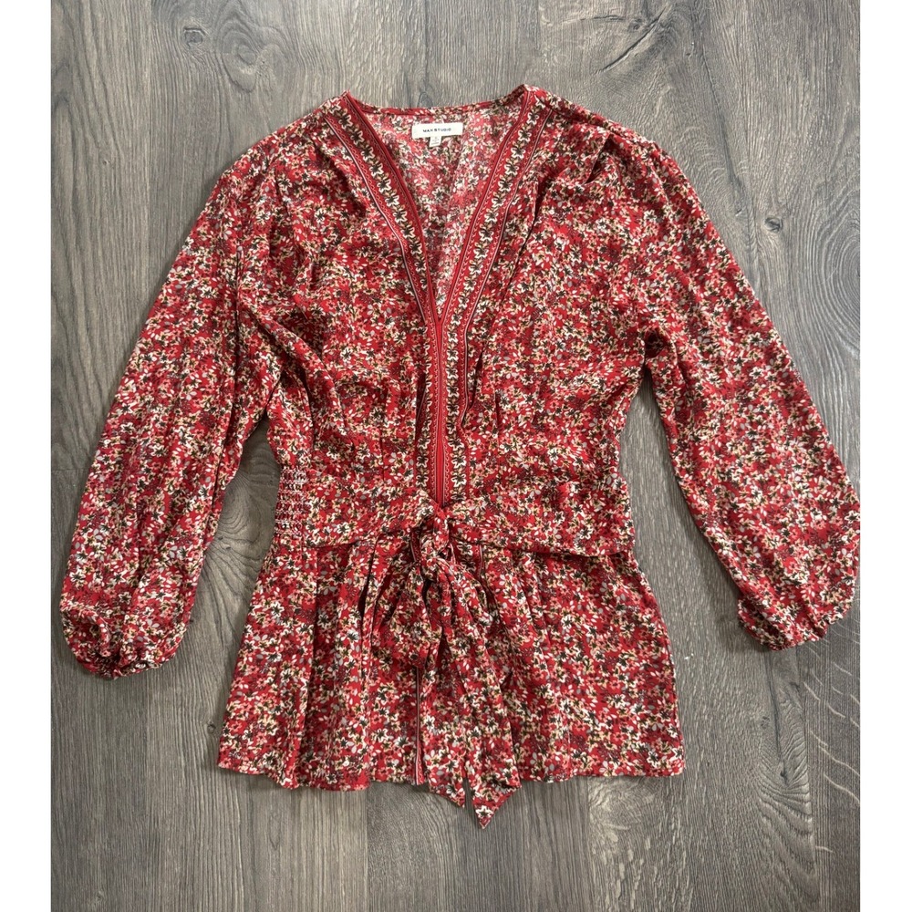 Max Studio Floral V-Neck Tie Waist Blouse Top Shirt S Red 3/4 Sleeve NWOT